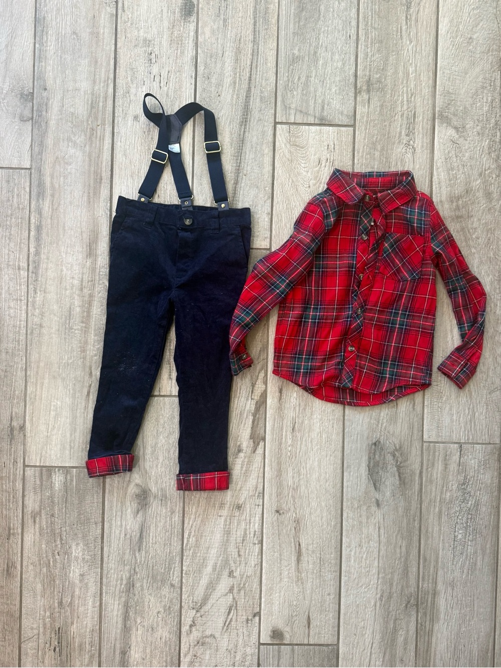 Max Studio Corduroy Suspender Pants with Red Plaid Shirt